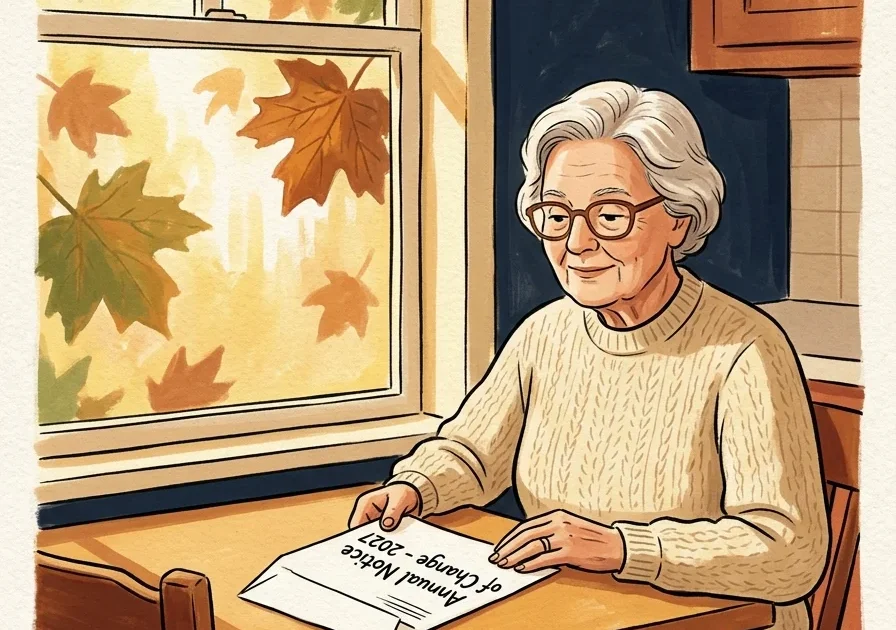 An editorial gouache illustration of a senior reading a 2027 Medicare Annual Notice of Change letter by a sunny autumn window.