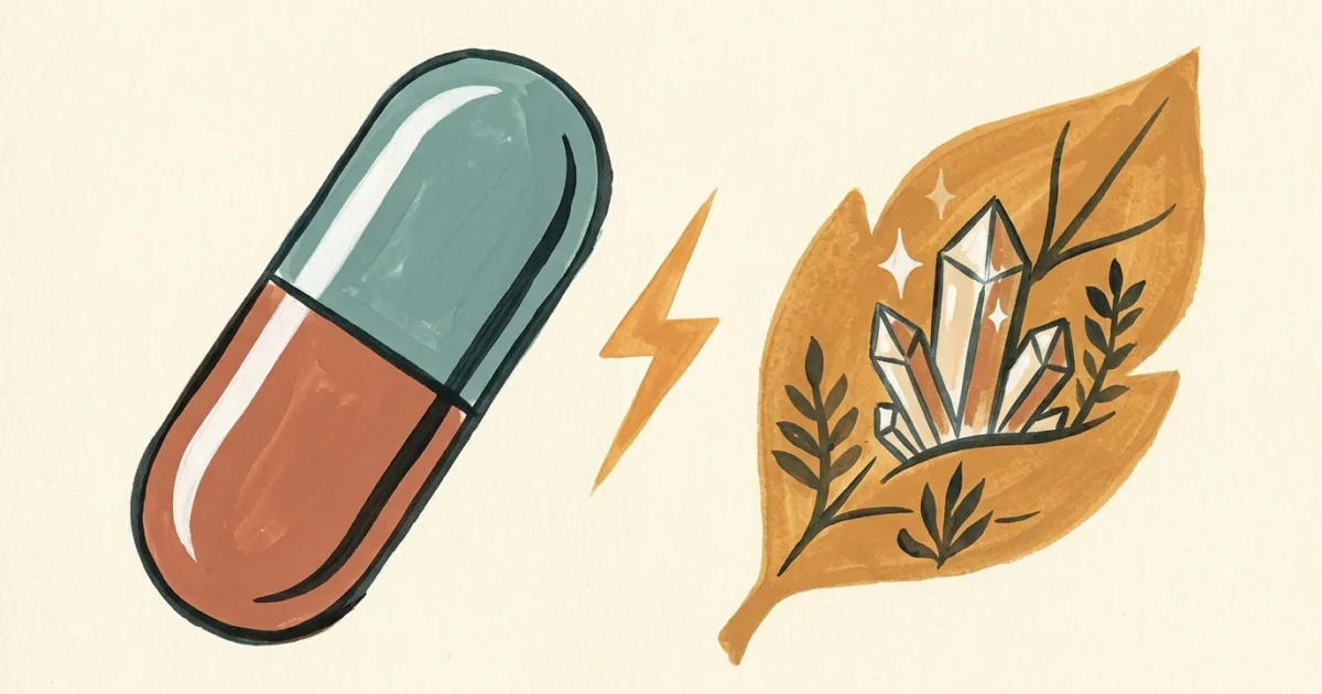An editorial gouache illustration showing a stylized teal prescription pill colliding with an ochre botanical leaf containing mineral crysta