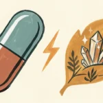 An editorial gouache illustration showing a stylized teal prescription pill colliding with an ochre botanical leaf containing mineral crysta