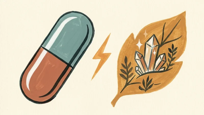 An editorial gouache illustration showing a stylized teal prescription pill colliding with an ochre botanical leaf containing mineral crysta