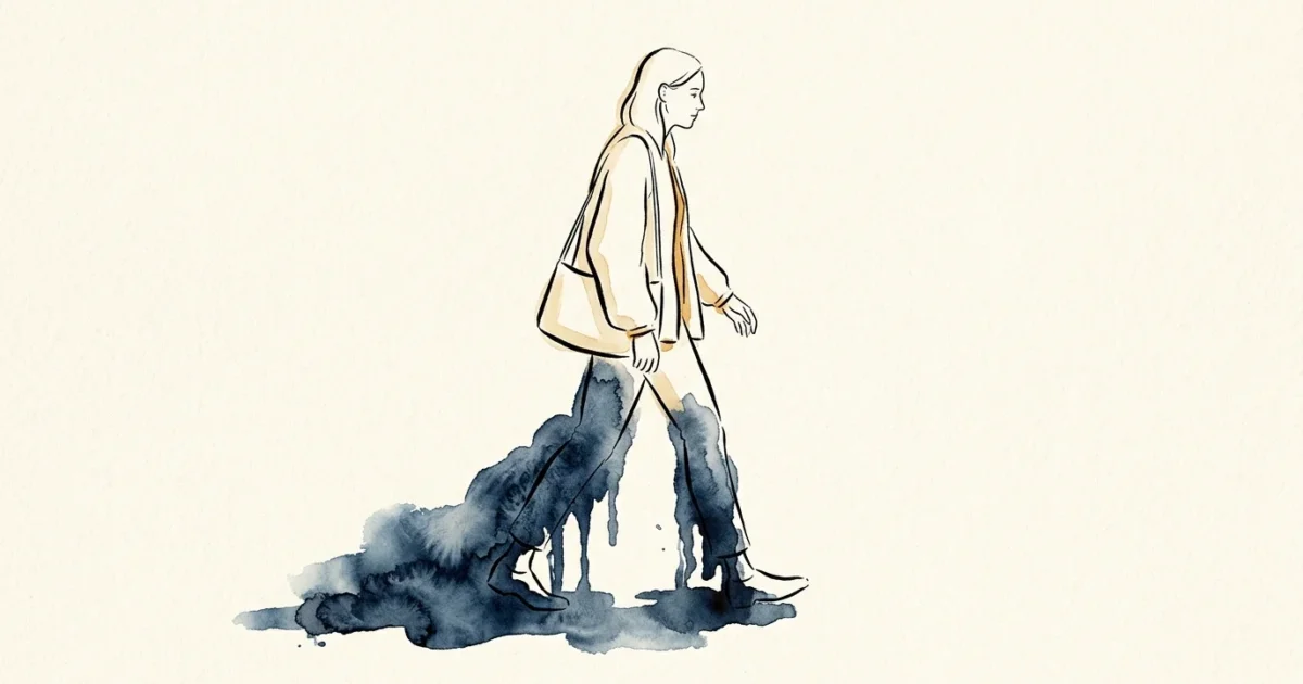 An editorial watercolor illustration of a person walking, with their lower legs rendered in heavy indigo washes to symbolize heavy legs.