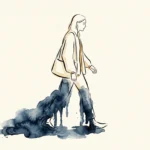 An editorial watercolor illustration of a person walking, with their lower legs rendered in heavy indigo washes to symbolize heavy legs.
