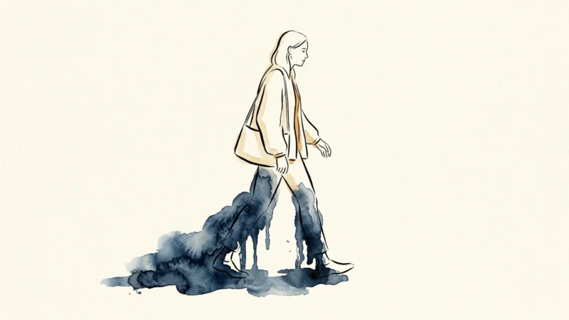 An editorial watercolor illustration of a person walking, with their lower legs rendered in heavy indigo washes to symbolize heavy legs.