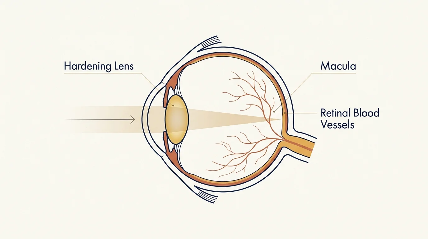 An elegant, clean anatomical diagram of a human eye with clear labels for the hardening lens, macula, and retinal blood vessels.