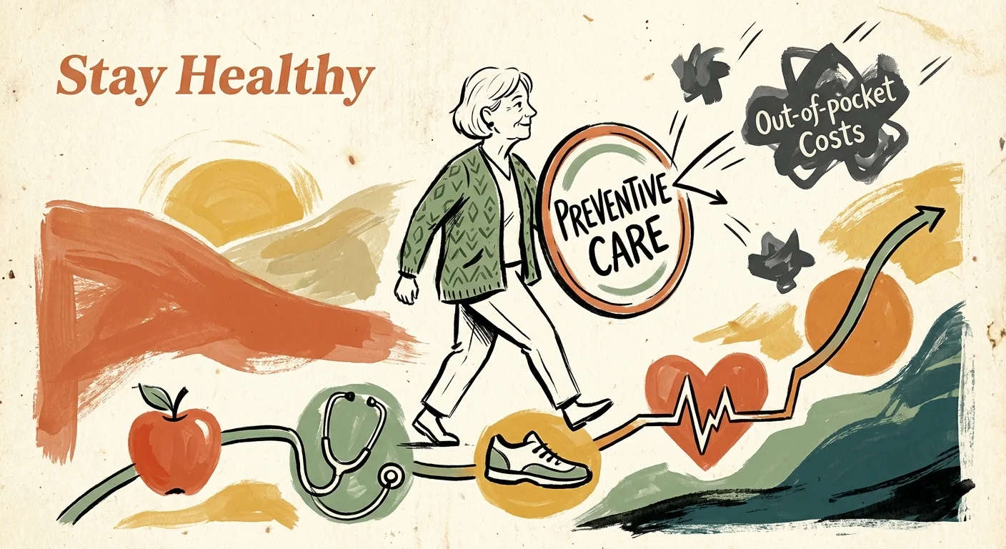 An elegant gouache illustration of a senior walking up a path of wellness icons, holding a shield labeled Preventive Care.