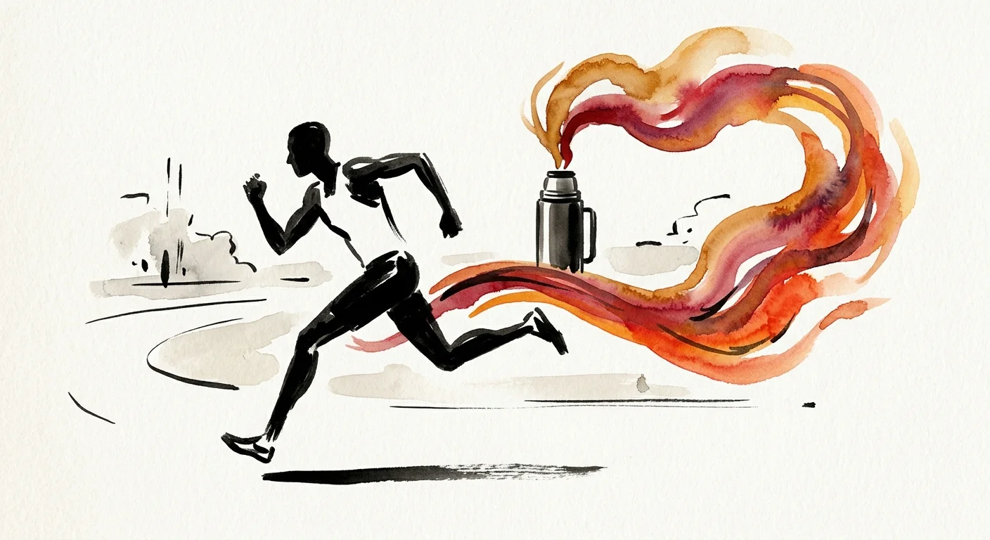 An elegant ink and watercolor illustration of a runner at dawn next to a thermos of coffee with steam morphing into an energetic trail.
