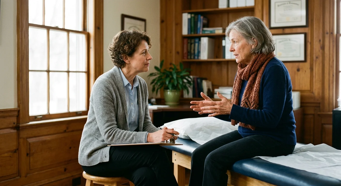 An empathetic doctor in a casual cardigan listens closely to an older female patient gesturing during a consultation.