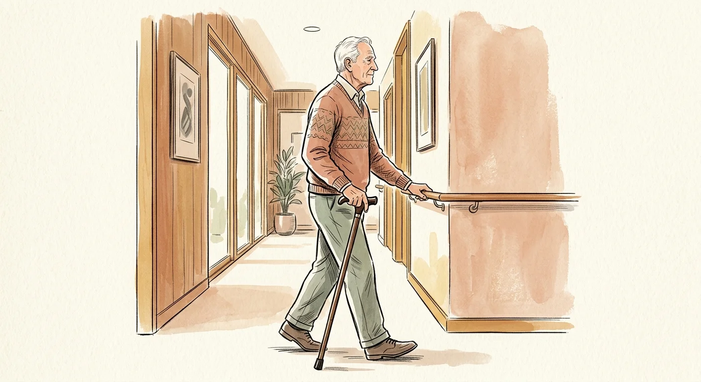 An ink and gouache illustration of an older man walking down a warm hallway using a wooden cane and handrail.
