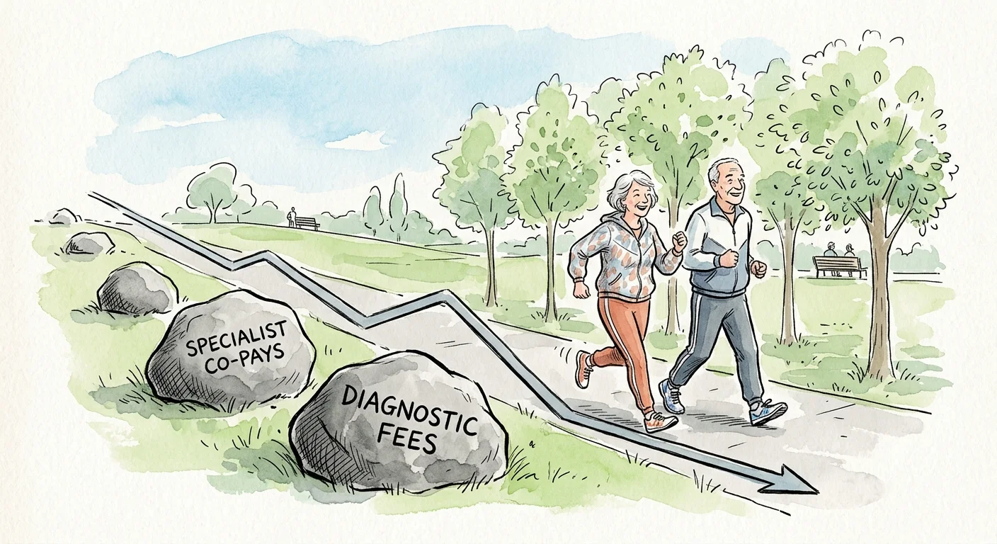 An ink and watercolor drawing of a senior couple walking along a path that bypasses boulders labeled as healthcare co-pays.
