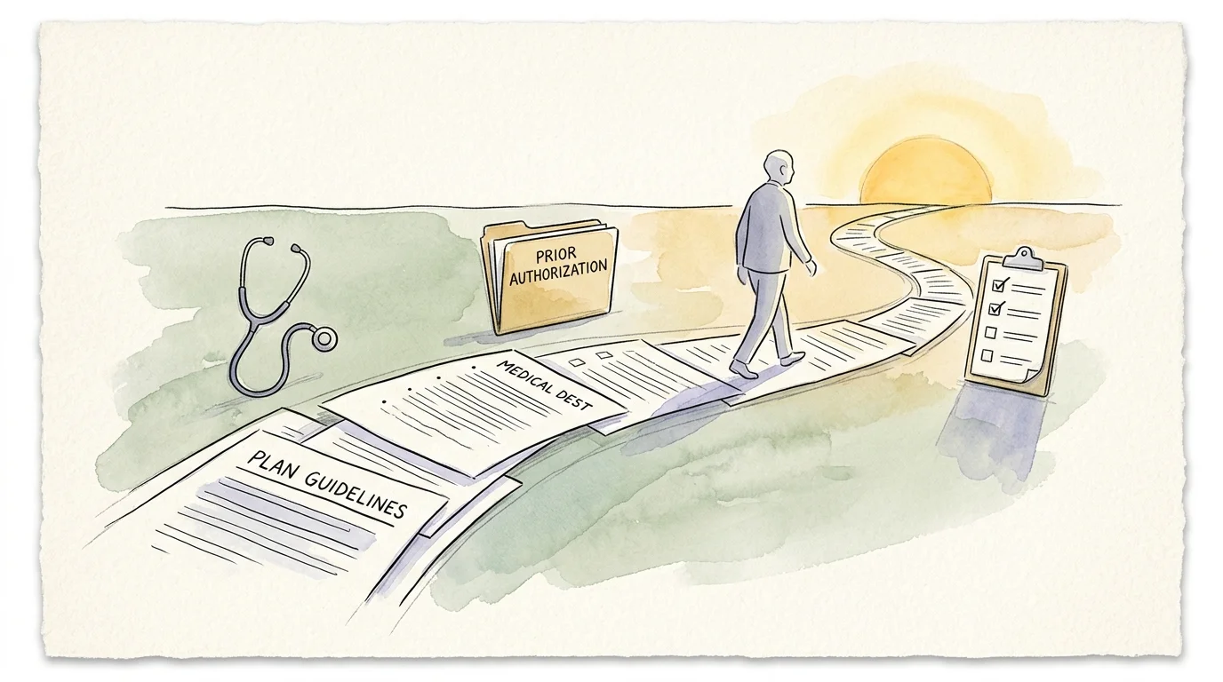 An ink and watercolor illustration of a path made of medical documents with key pillars like a stethoscope and prior authorization folder.