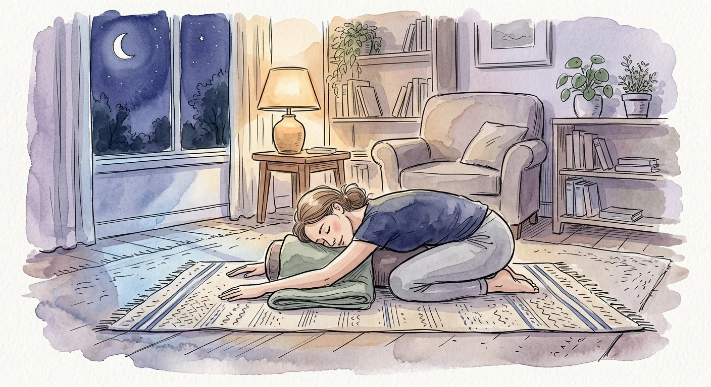 An ink and watercolor illustration of a person doing a gentle yoga stretch in a cozy, moonlit living room.
