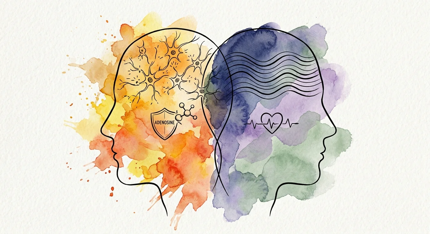 An ink and watercolor illustration showing a human profile split between energetic warm orange washes and calming blue watercolor waves.