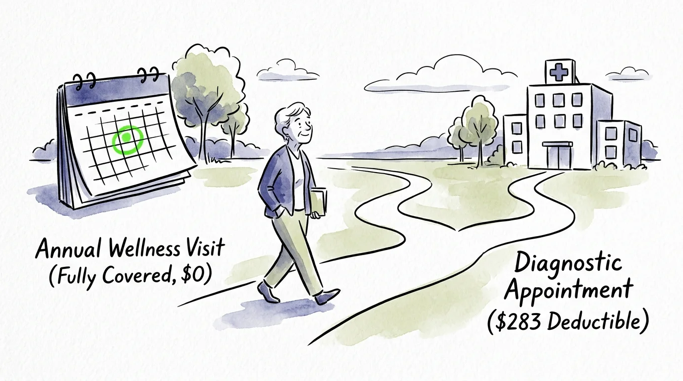 An ink and watercolor illustration showing a path toward a free wellness visit versus a diagnostic visit subject to a deductible.