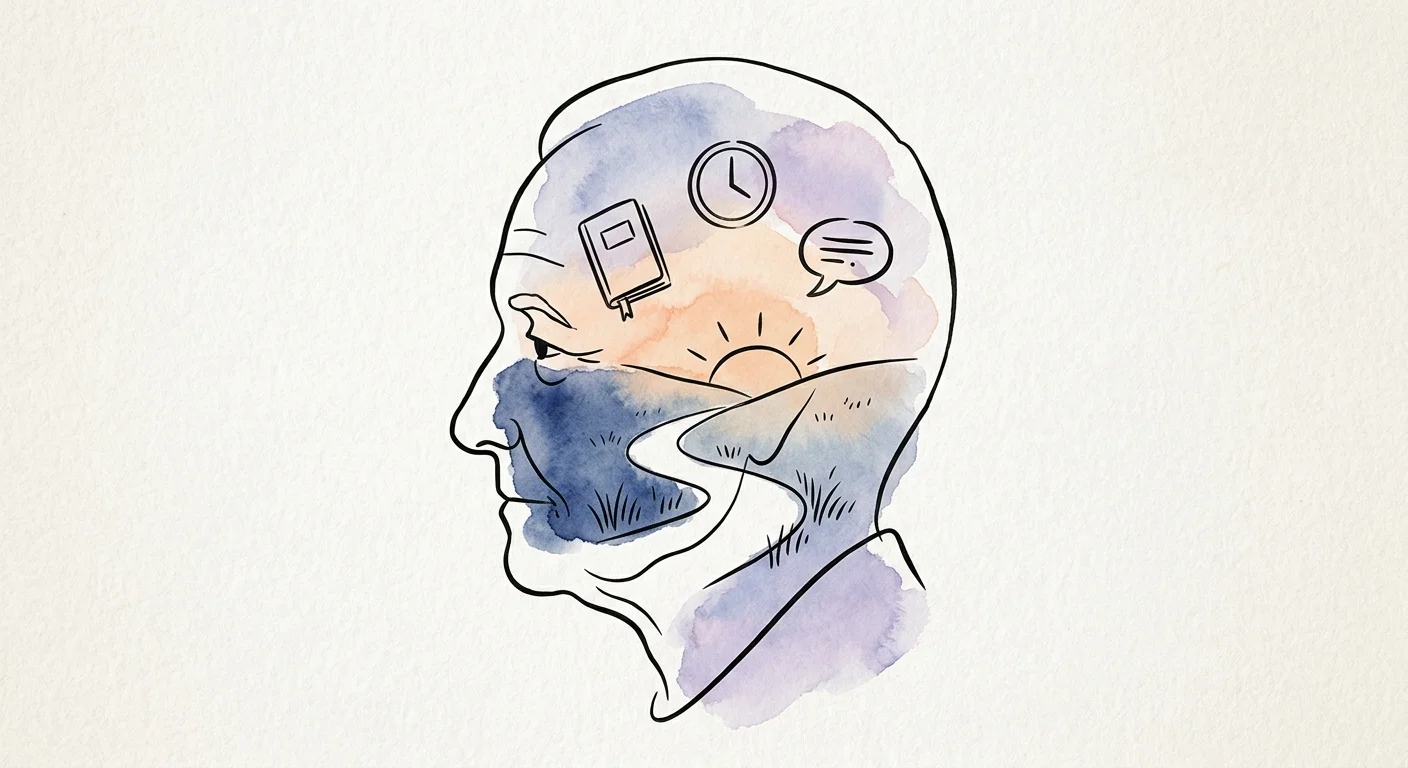 An ink and watercolor illustration showing a senior profile silhouette filled with a peaceful path and cognitive tracking icons.