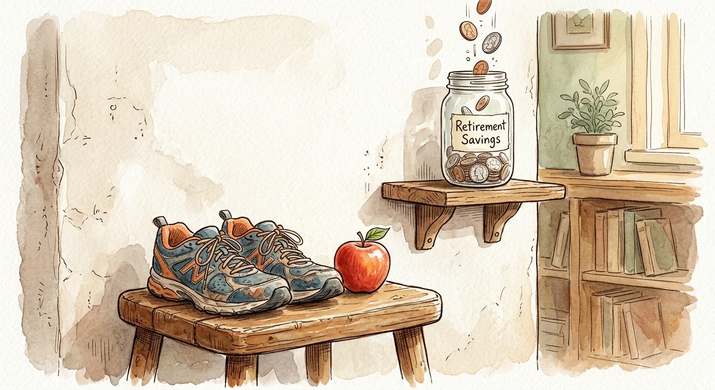 An ink and watercolor sketch of walking shoes and an apple next to a glass jar labeled retirement savings.