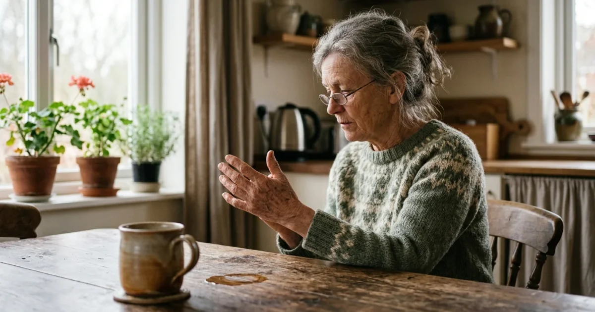 An older adult looks thoughtfully at their hand next to a spilled coffee mug on a wooden table, lit by soft morning window light.