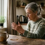 An older adult looks thoughtfully at their hand next to a spilled coffee mug on a wooden table, lit by soft morning window light.