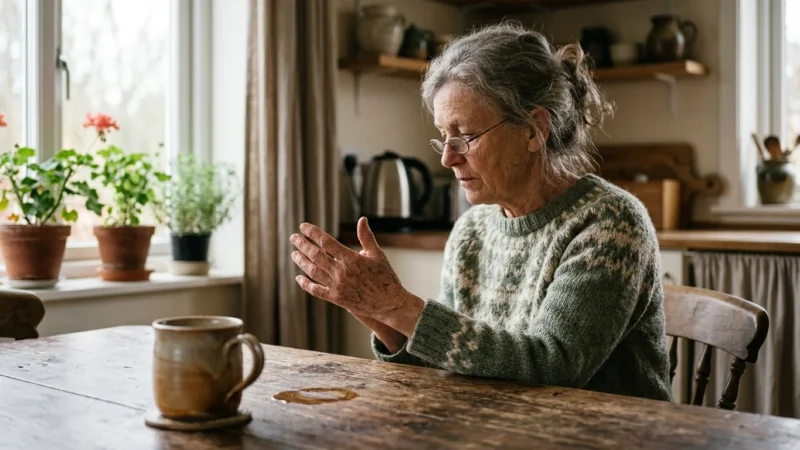 An older adult looks thoughtfully at their hand next to a spilled coffee mug on a wooden table, lit by soft morning window light.