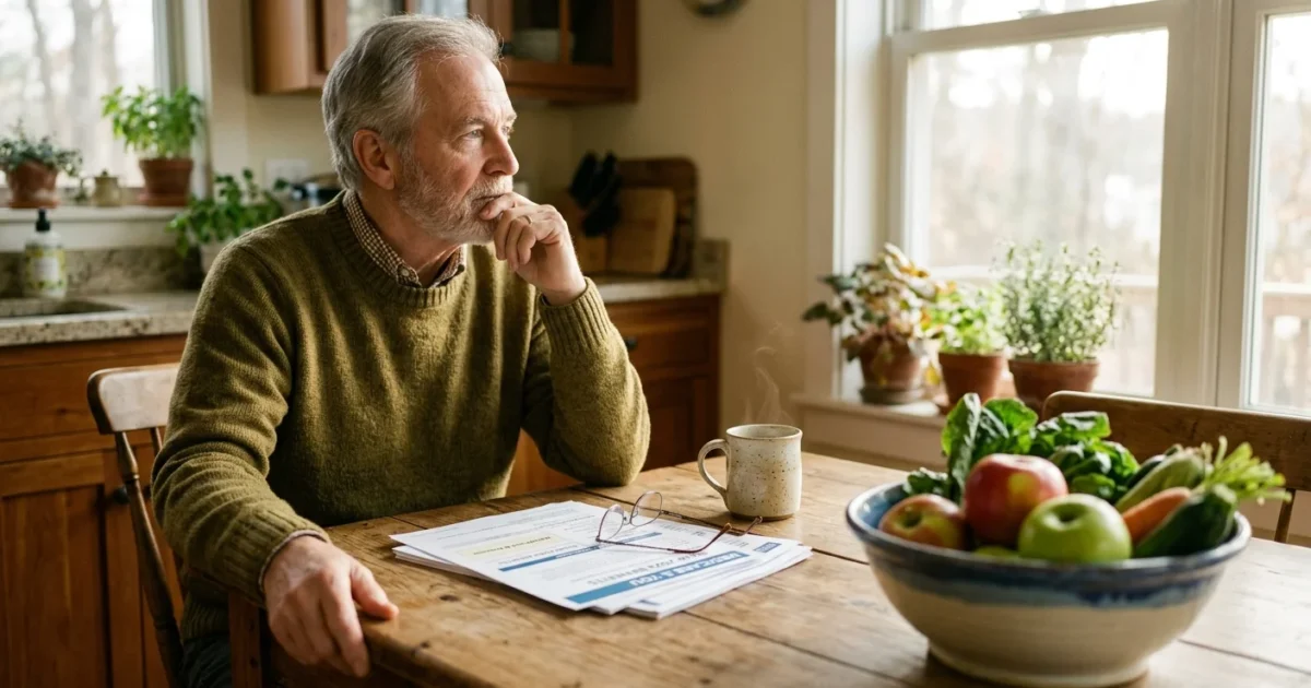 An older adult sits at a sunny kitchen table looking over Medicare documents next to a bowl of fresh fruit.