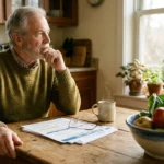 An older adult sits at a sunny kitchen table looking over Medicare documents next to a bowl of fresh fruit.