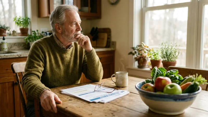 An older adult sits at a sunny kitchen table looking over Medicare documents next to a bowl of fresh fruit.
