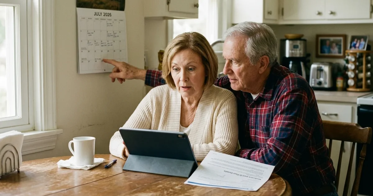 An older couple in their sunlit kitchen looking at a tablet and a calendar marked July 2026, discussing new Medicare changes.