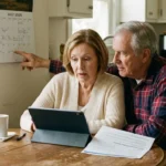 An older couple in their sunlit kitchen looking at a tablet and a calendar marked July 2026, discussing new Medicare changes.