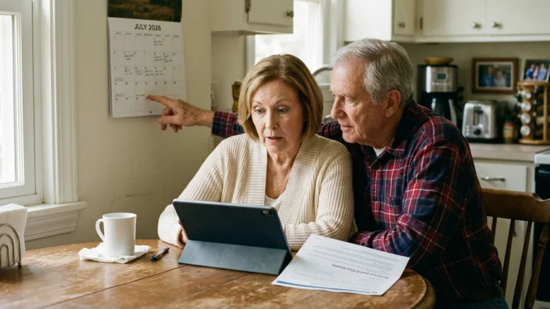 An older couple in their sunlit kitchen looking at a tablet and a calendar marked July 2026, discussing new Medicare changes.
