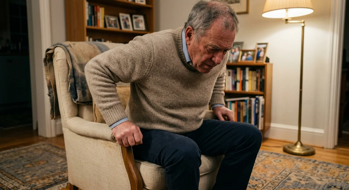 An older man showing physical exertion as he uses both arms to push himself up from a low, soft living room armchair.