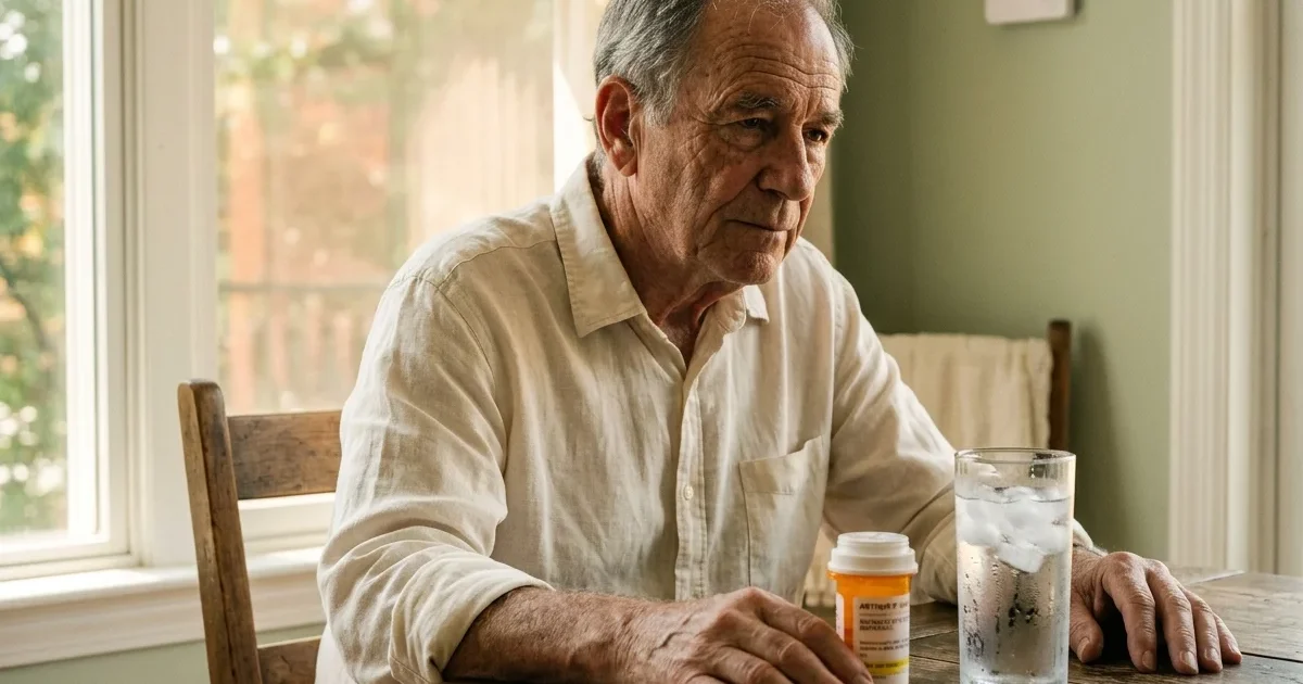 An older man sitting at a sunlit kitchen table next to a glass of water, thoughtfully examining a prescription medicine bottle.