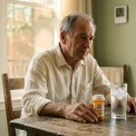 An older man sitting at a sunlit kitchen table next to a glass of water, thoughtfully examining a prescription medicine bottle.