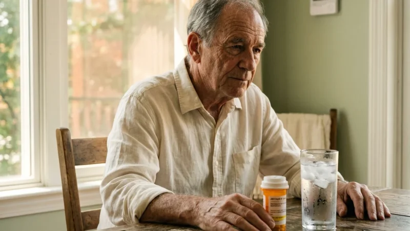 An older man sitting at a sunlit kitchen table next to a glass of water, thoughtfully examining a prescription medicine bottle.