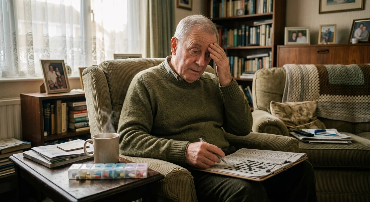 An older man sitting in an armchair looks tired, holding his head next to a crossword puzzle and a weekly pill organizer.