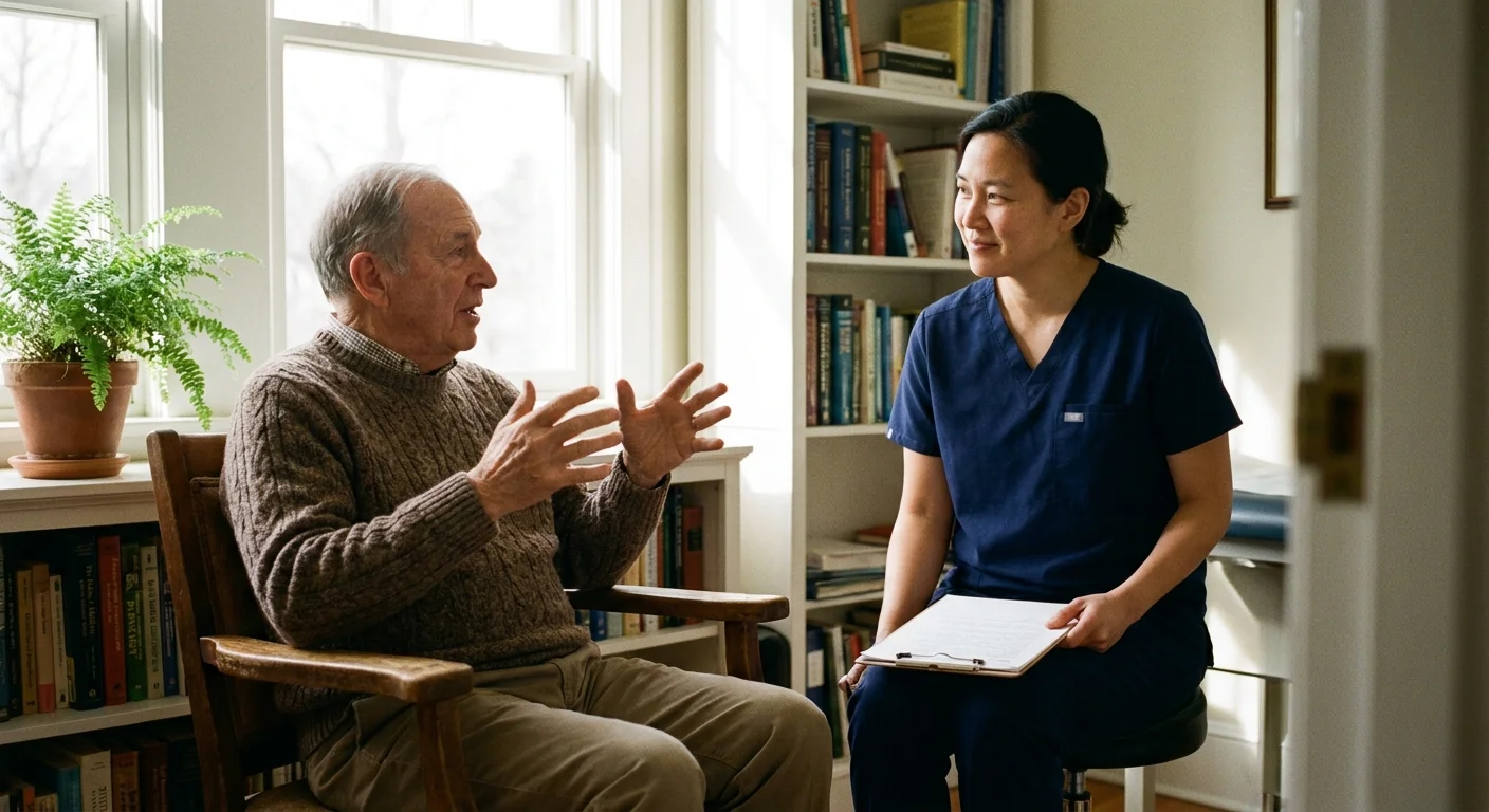 An older man talks with a compassionate doctor in a warm, sunlit office filled with books.