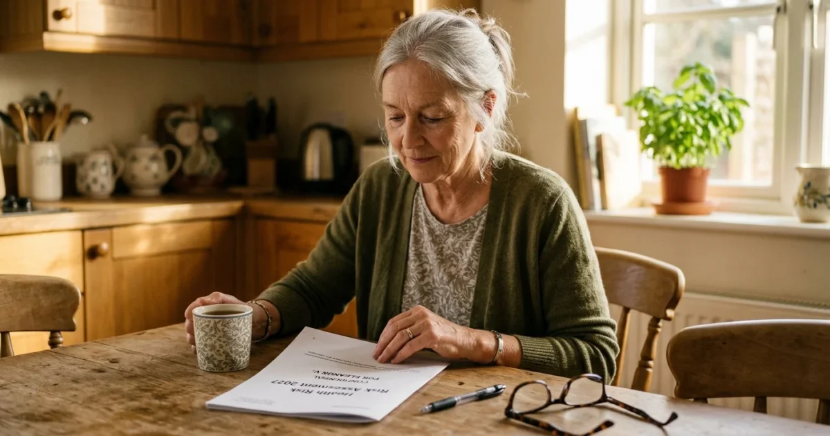An older woman in a green cardigan sits at a kitchen table thoughtfully reviewing a 2027 Health Risk Assessment paper packet.