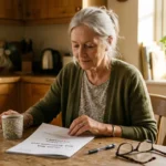 An older woman in a green cardigan sits at a kitchen table thoughtfully reviewing a 2027 Health Risk Assessment paper packet.