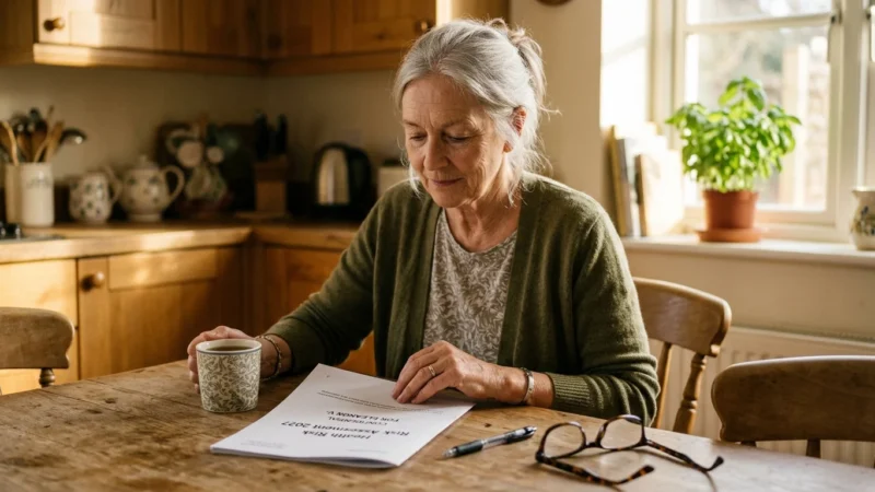 An older woman in a green cardigan sits at a kitchen table thoughtfully reviewing a 2027 Health Risk Assessment paper packet.