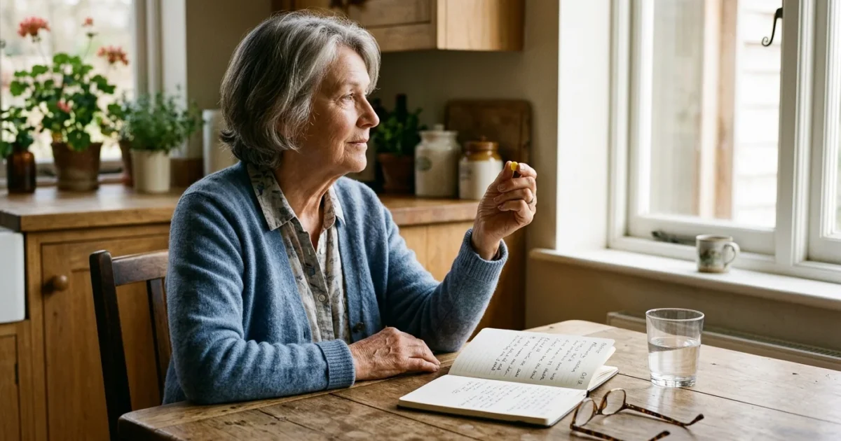 An older woman sits at a wooden table in morning light, looking thoughtfully at a single pill in her hand next to an open notebook.