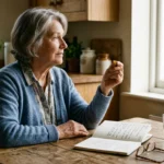 An older woman sits at a wooden table in morning light, looking thoughtfully at a single pill in her hand next to an open notebook.