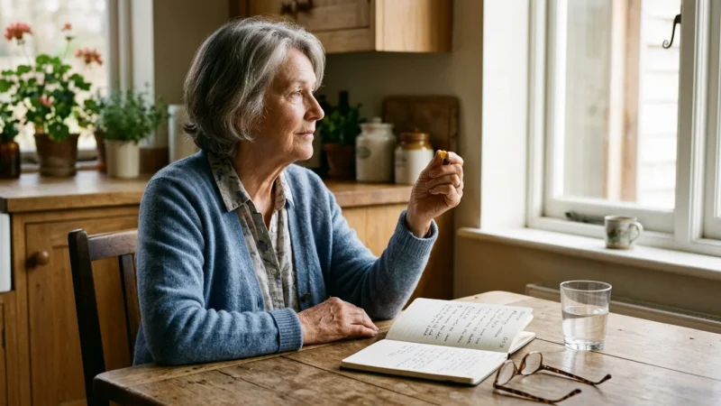 An older woman sits at a wooden table in morning light, looking thoughtfully at a single pill in her hand next to an open notebook.
