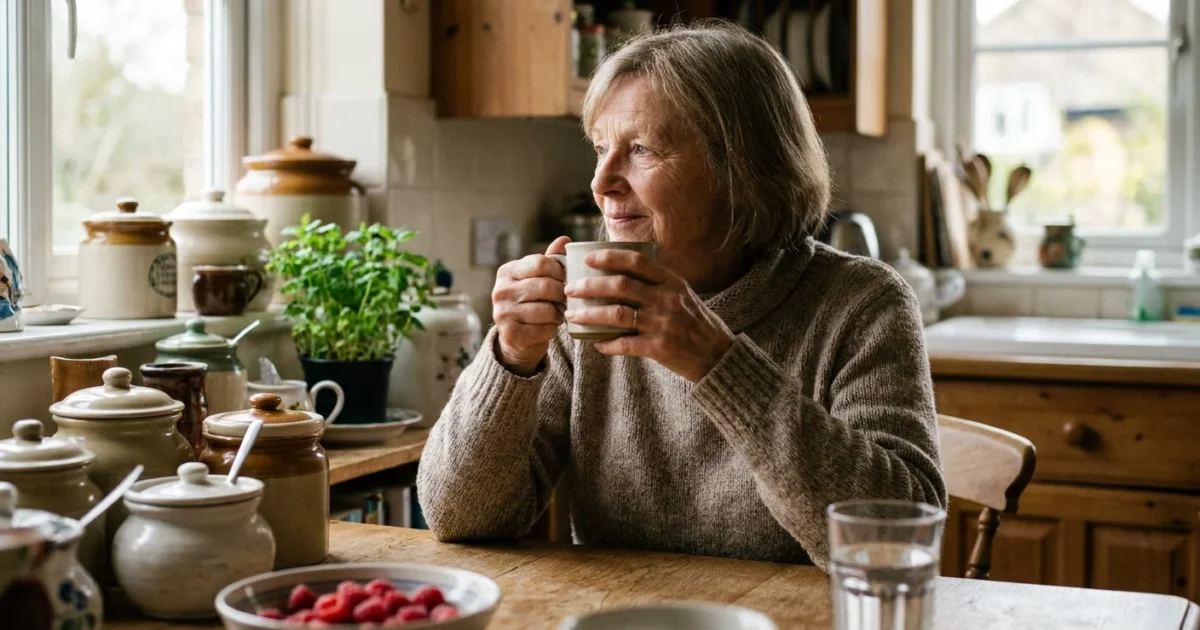 An older woman sits at her kitchen table with a warm mug, looking thoughtful in soft morning light.