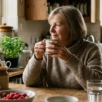 An older woman sits at her kitchen table with a warm mug, looking thoughtful in soft morning light.