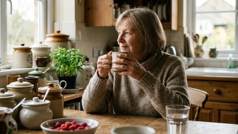 An older woman sits at her kitchen table with a warm mug, looking thoughtful in soft morning light.