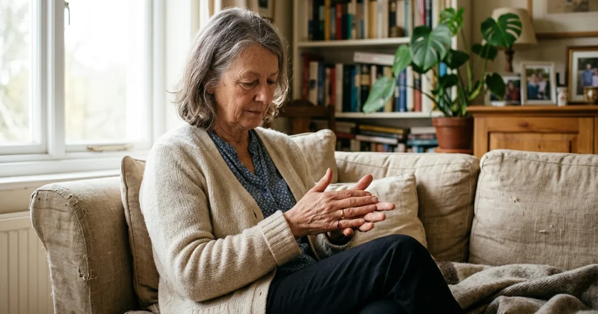 An older woman sits on a sunlit sofa looking thoughtfully at her hands, conveying a sense of physical awareness.