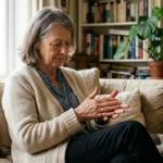 An older woman sits on a sunlit sofa looking thoughtfully at her hands, conveying a sense of physical awareness.