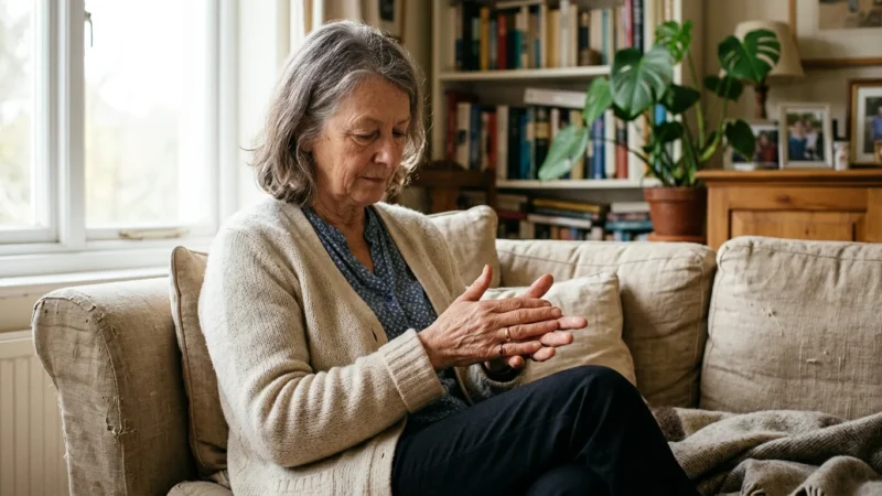 An older woman sits on a sunlit sofa looking thoughtfully at her hands, conveying a sense of physical awareness.