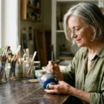 An older woman with silver hair painting detailed patterns on a small ceramic bowl in her sunlit home studio.