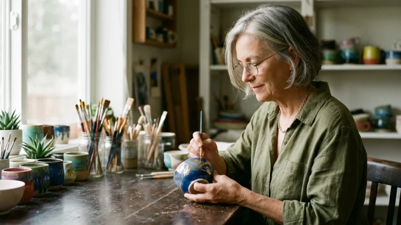 An older woman with silver hair painting detailed patterns on a small ceramic bowl in her sunlit home studio.