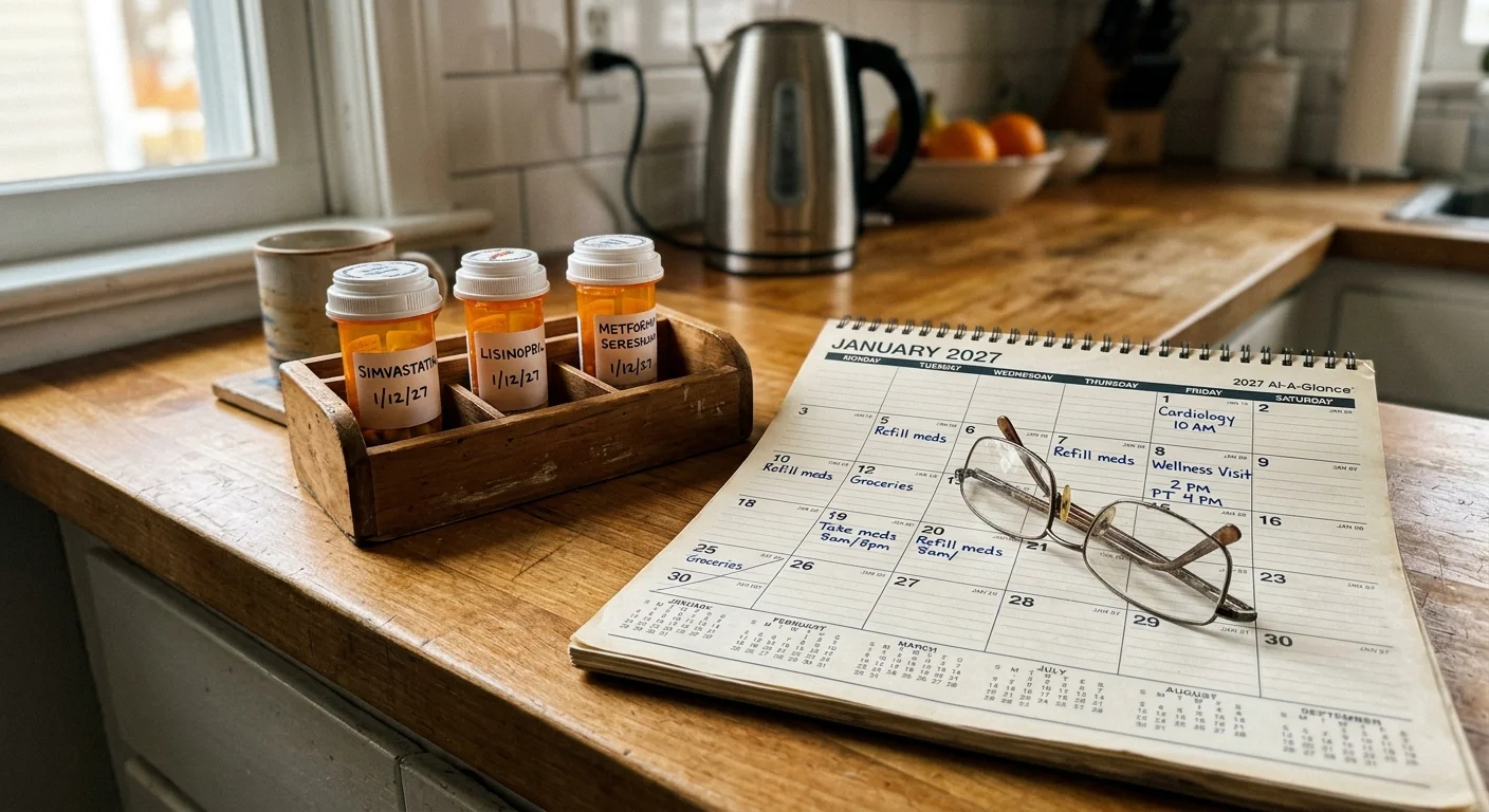 An organized home kitchen counter with prescription pill bottles next to a 2027 calendar marked with medical appointments.