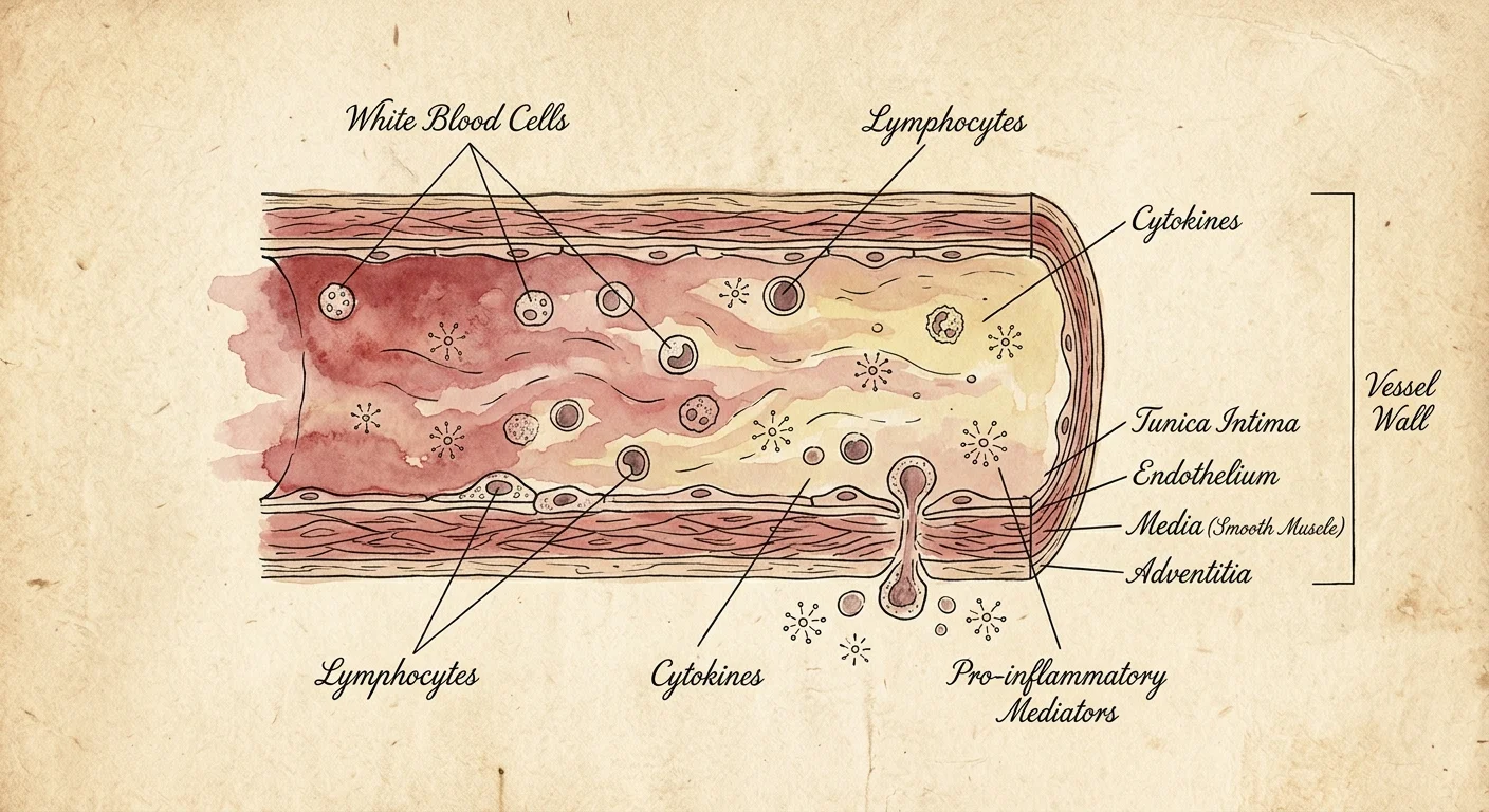 Anatomical watercolor diagram showing white blood cells and cytokines inside a blood vessel, with hand-drawn labels.